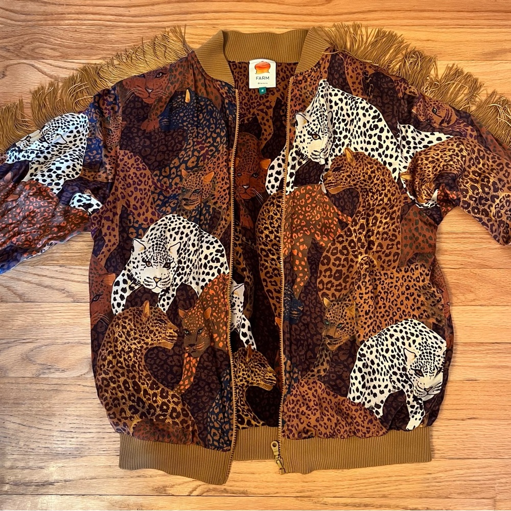 FarmRio fringe leopard style zip up cardigan/jacket